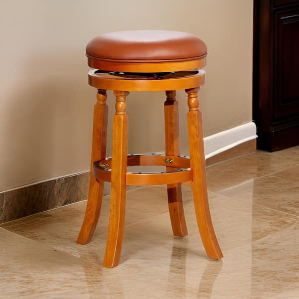 Benjara 30 in. Brown and Black Backless Wood Frame Bar Stool with Leather Seat