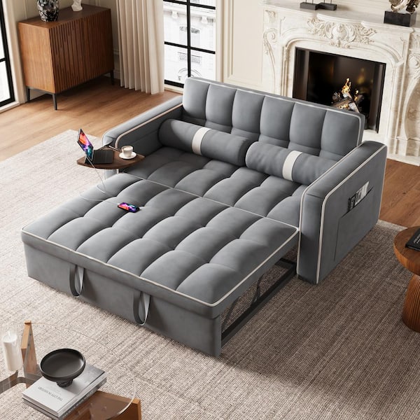 JASIWAY 33.1 in. Gray Folding Technological Velvet Sofa Bed J-WP2340K ...