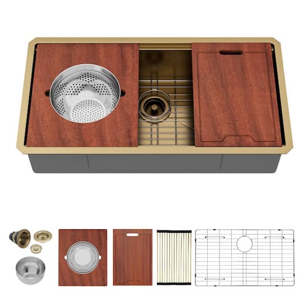 36 in. Gold Undermount Workstation Sink with Pasta Drainer and Mixing Bowl
