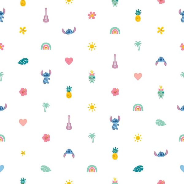 White Disney Stitch Aloha Mini Print Blue and Pink Peel and Stick Wallpaper Roll