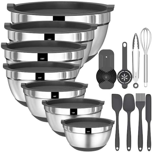 Gray Mixing Bowls with Airtight Lids, 20 Piece Stainless Steel Metal Nesting Bowls, Non-Slip Silicone Bottom
