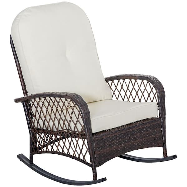 Outsunny Wicker Outdoor Rocking Chair, Patio PE Rattan Recliner Rocker Chair with Cream White Soft Cushion