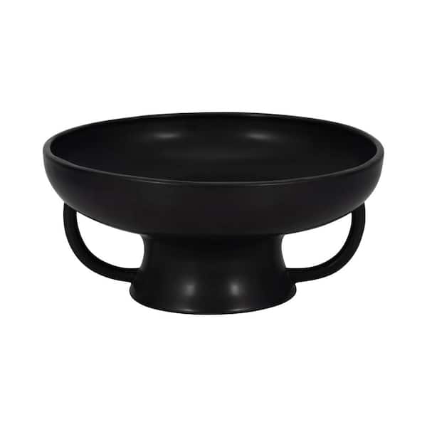 Liv & Skye Black Ceramic 12 in. Decorative Bowl with Handles on Stand