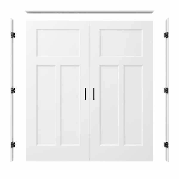 72 in. x 80 in. 3-Panel Universal Painted Solid Core Wood Double Prehung Interior French Door Assemble Jamb&Ball Catch
