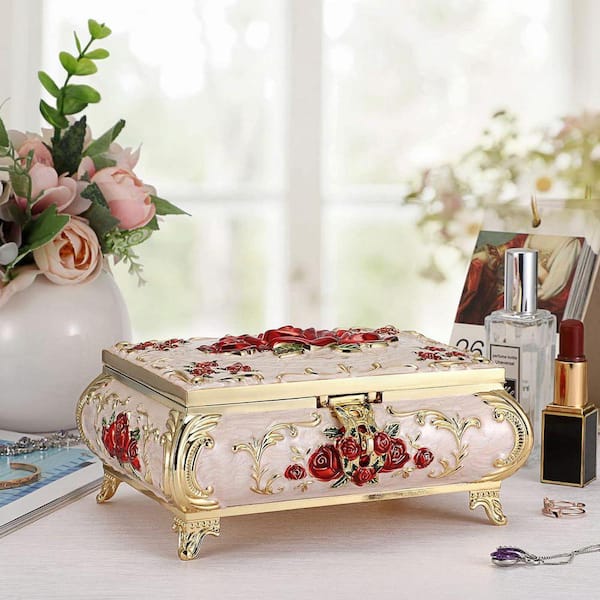 Beige Metal Decorative Jewelry Box Vintage Treasure Chest Case