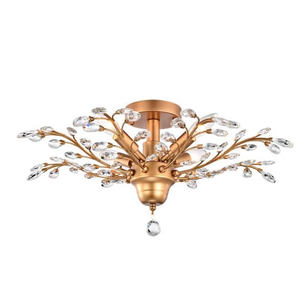 Jojospring Verna 23.6 in. Dia 4-Light Shiny Bronze Crystal Leaves Branches Flush Mount