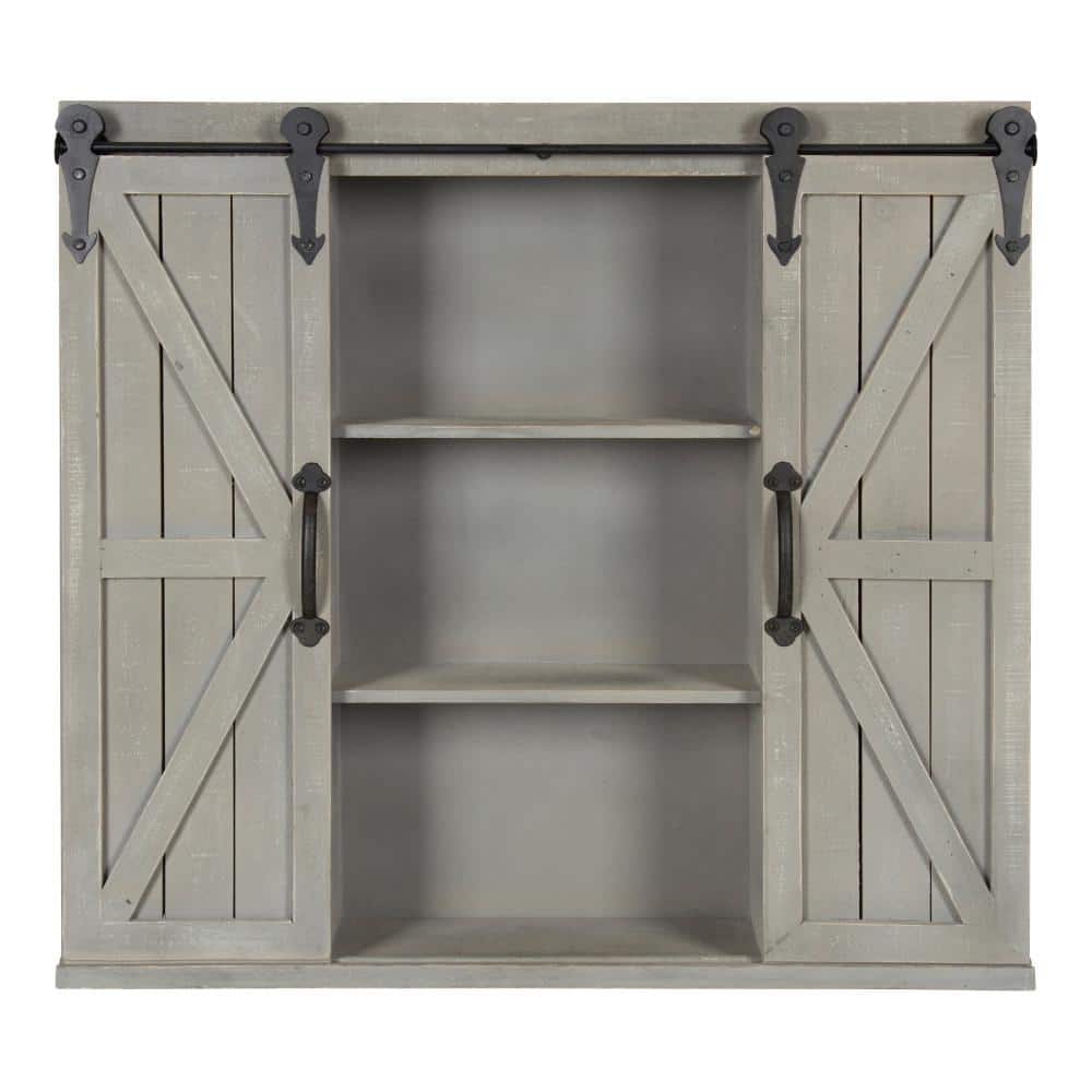 Rustic Gray Wood Wall Storage Cabinet with Sliding Barn Doors