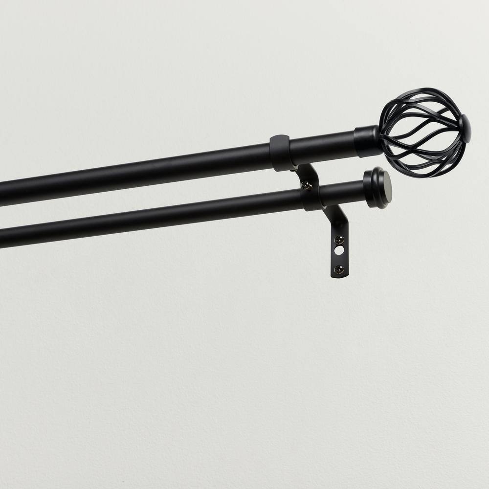 Matte Black Adjustable Double Curtain Rod with Wavy Finials