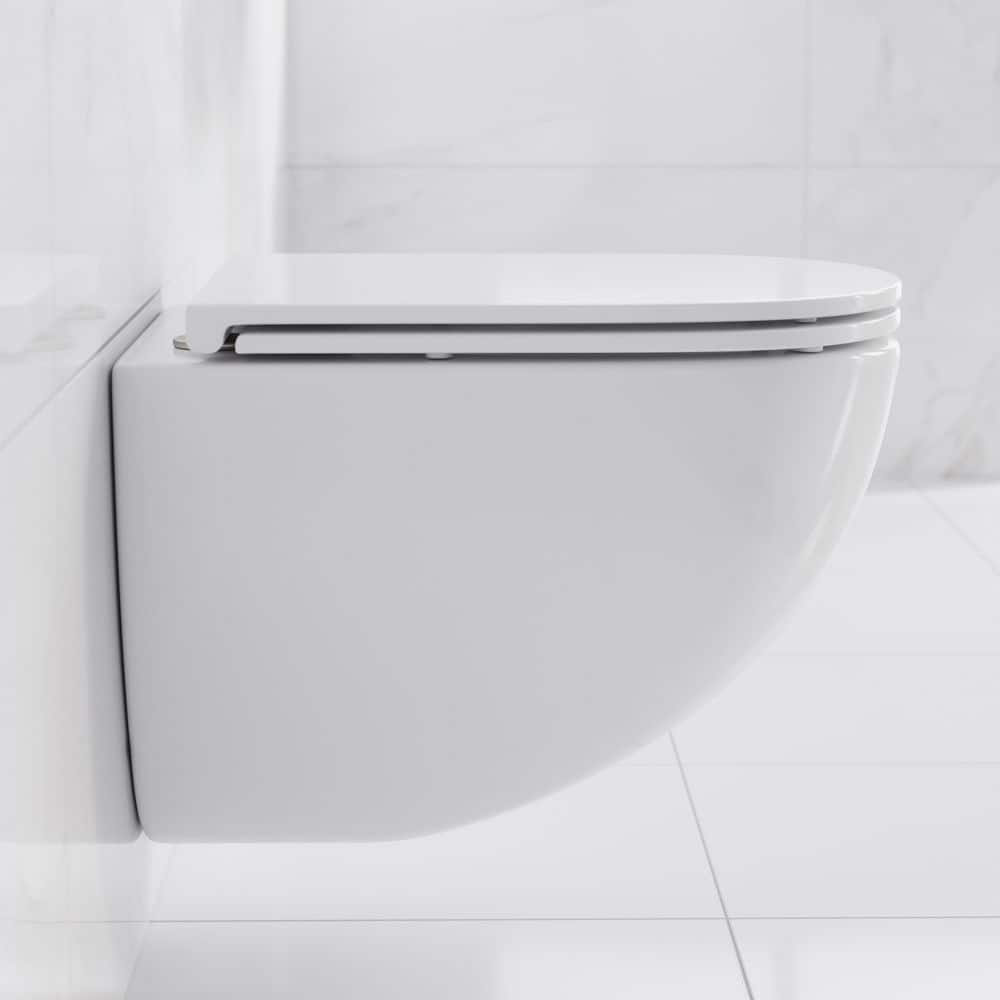 Glossy White Wall Mounted Round Dual Flush Toilet with Black Flush Plate