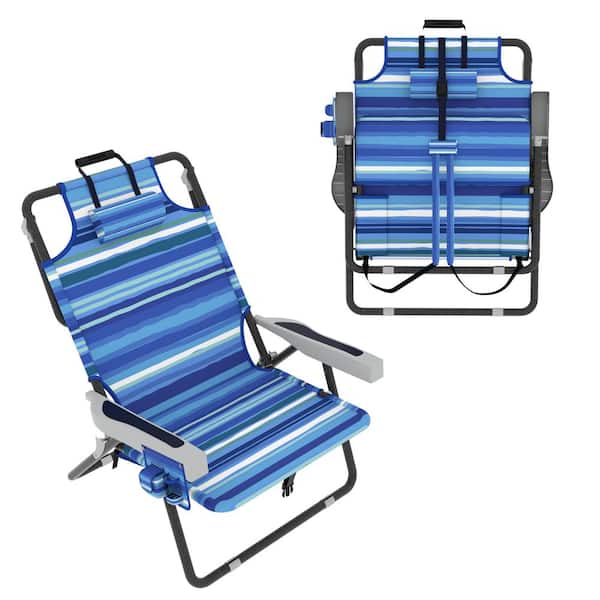 VEIKOUS 5-Position Adjustable Backpack Beach Chair Folding Lounge Chair with Pillow and Storage Bag, Blue Stripe