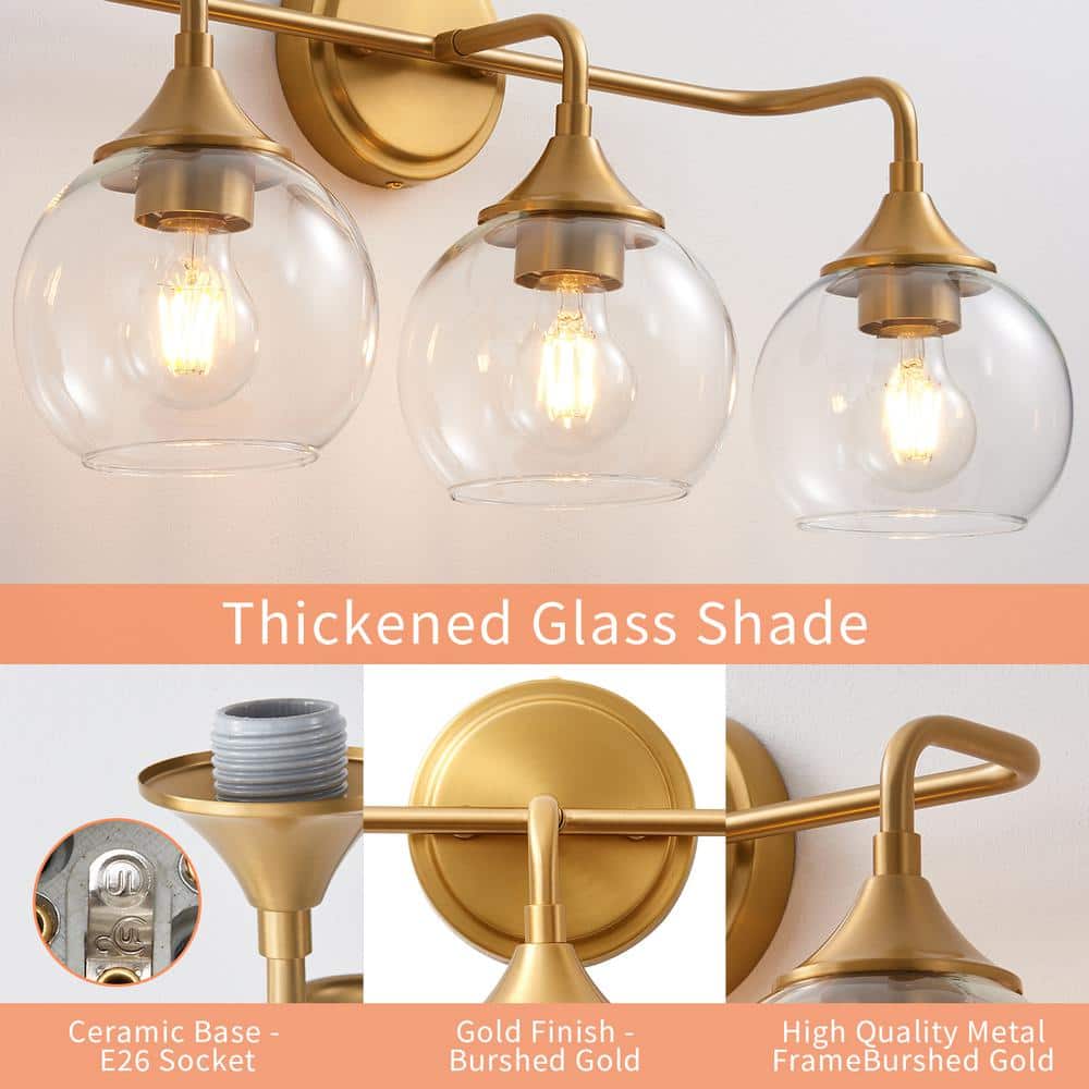 Gold 22.4" 3-Light Vanity Fixture with Clear Glass Shades