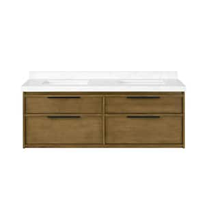 Lyndon 60 in. W x 22 in. D x 23 in. H Double Sink Floating Bath Vanity in Almond Latte with White Engineered Marble Top