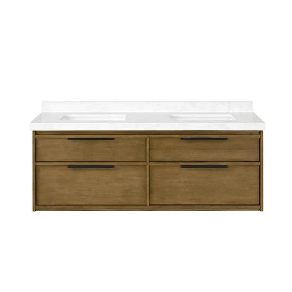 Lyndon 60 in. Double Sink Floating Almond Latte Bath Vanity with White Engineered Marble Top (Assembled)