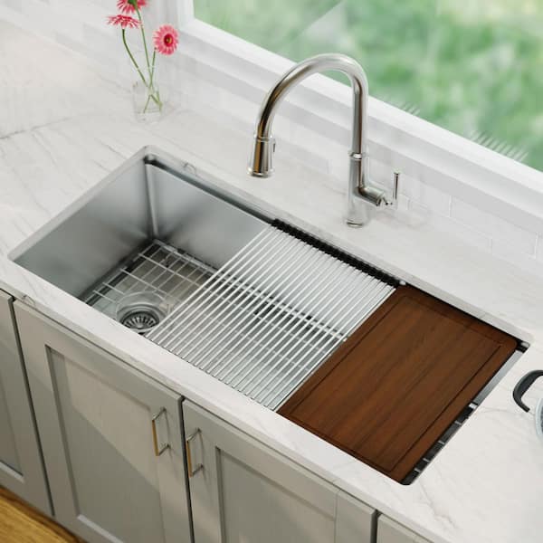 39 in. Undermount Single Bowl 16-Gauge Stainless Steel Workstation Kitchen Sink