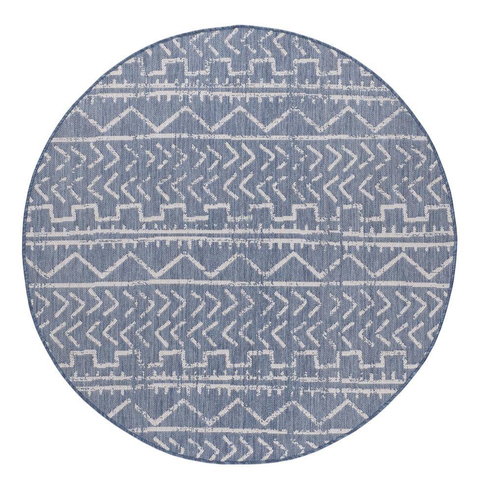 Beverly Rug Waikiki Blue/White 7 ft. Round Trellis Indoor/Outdoor Area Rug, Blue / White Beverly Rug Moroccan Trellis pattern area rug collection is available in different colors such as beige/white, blue/white, dark gray/ light gray, grey/white and various sizes; 4 ft. x 6 ft. hallway runner rug (3 ft. 11 in. x 5 ft. 11 in.), area rug 5 ft. x 7 ft. (5 ft. 3 in. x 7 ft.), 6 ft. x 9 ft. area rugs (6 ft. 7 in. x 9 ft.), large area rug 8 ft. x 10 ft. (7 ft. 10 in. x 10 ft.) and 6 ft. 7 in. circle rug. You can use our non shedding rugs wherever needed; either indoors such as living room, dining room, laundry room, bedroom, children playroom, or outdoors such as deck, patio, poolside, picnic, beach, garage, or guest lounges. These fade resistant indoor outdoor rugs cannot only offer durability and long-lasting usage but also environment protection with their eco-friendly and breathable material. The vibrant colors will not fade in the sun. This modern and contemporary rug is perfect for your home decor. Color: Blue / White.