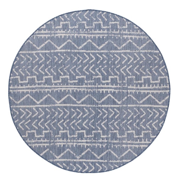 Beverly Rug 7' Round Blue White Waikiki Modern Trellis Indoor Outdoor Area Rug