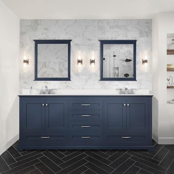Lexora Dukes 80 in. W x 22 in. D Navy Blue Double Bath Vanity, White Quartz Top, and 30 in. Mirrors