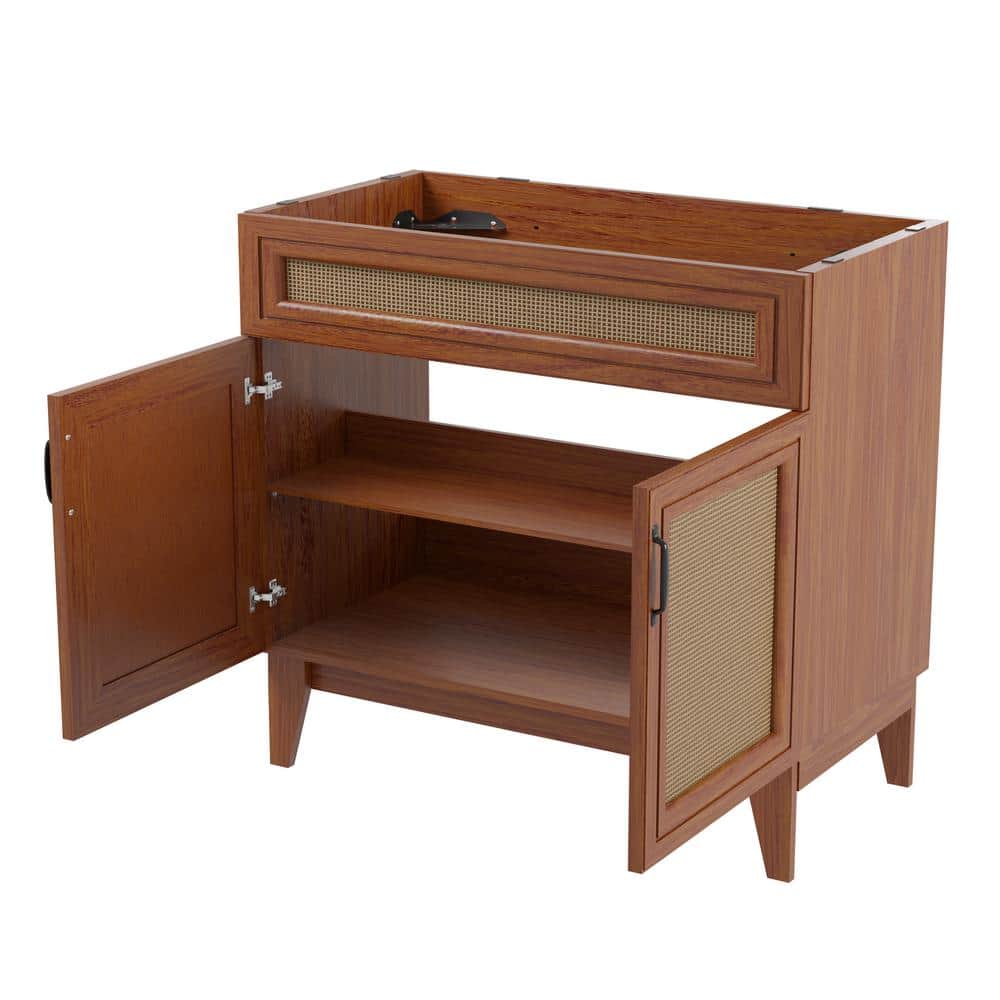 Javer 36" Walnut Rattan Modern Farmhouse Bathroom Vanity Cabinet