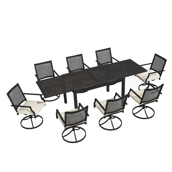 Clihome 9-Piece Metal Outdoor Dining Set, Extendable Table & 8 Swivel Chairs with Beige Cushions, Rustproof Frames