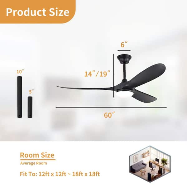 60 in. Indoor Downrod Mount Matte Black 3 ABS Blades Standard Ceiling Fan with Remote 6-Speed, DC Motor Reversible