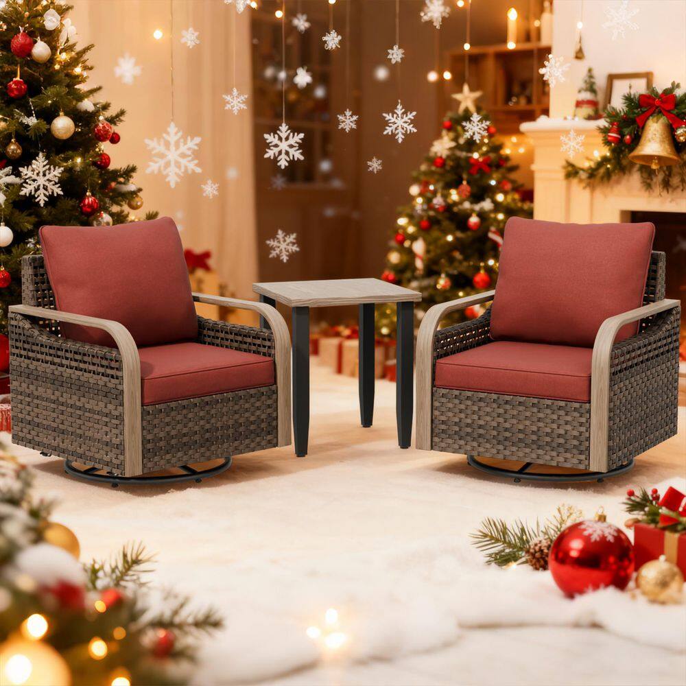3-Piece Brown Wicker Outdoor Conversation Set Swivel Rocking Chairs with Red Cushions and Wood Grain Top Side Table price history on PriceWatchPro