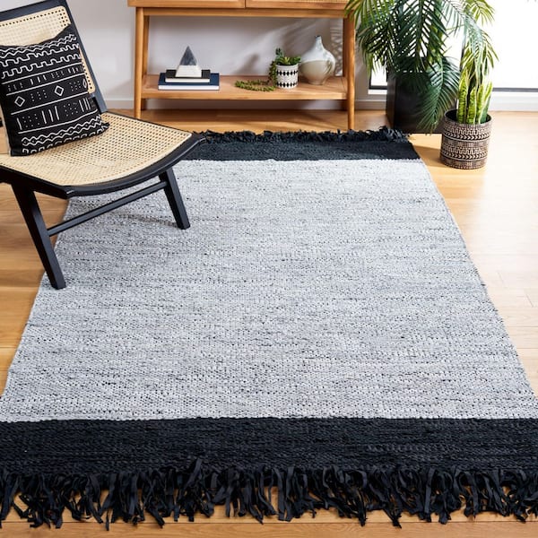 Vintage Leather 3 ft. x 5 ft. Ivory/Black Marle Border Area Rug
