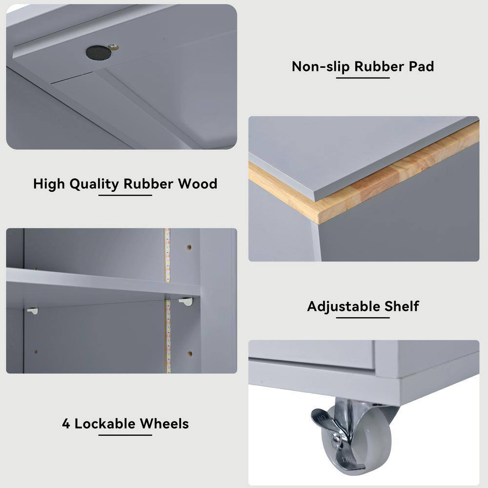 Grey Blue Rubber Wood MDF Kitchen Cart with Extended Table and Electrical Outlets - thumbnail 7