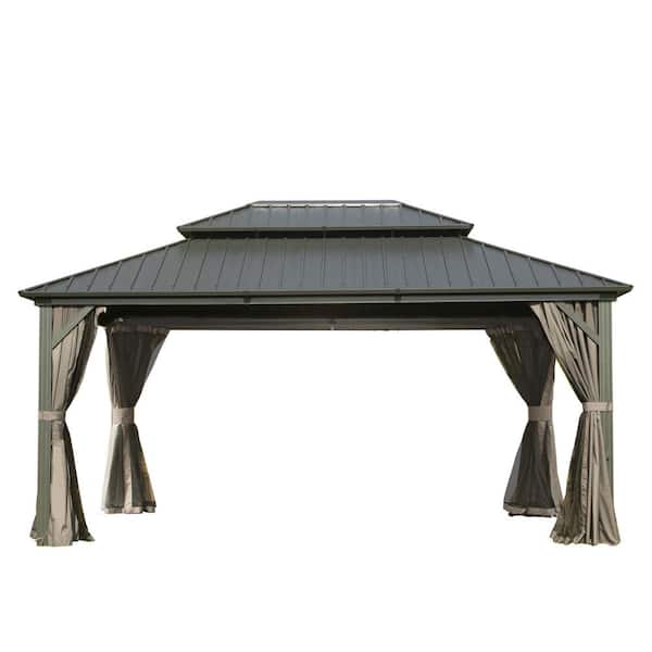 Zeus & Ruta 12 ft. x 14 ft. Gray Hardtop Aluminum Gazebo with Galvanized Steel Double Roof, Curtains and Netting for Patio Deck
