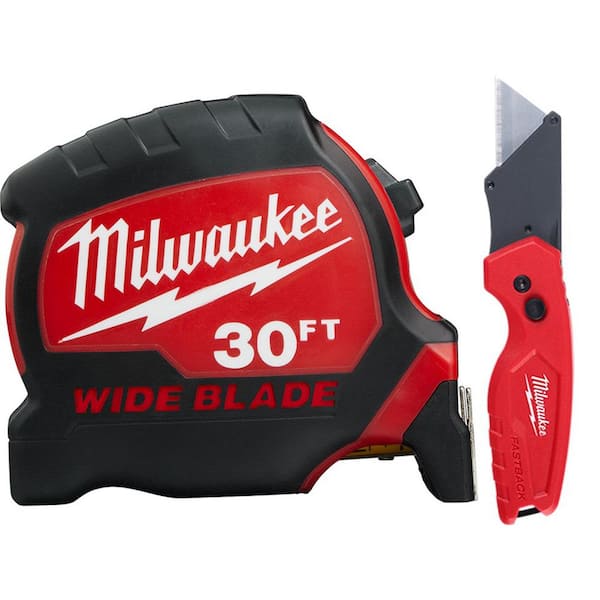 Milwaukee 30 ft. x 1.3 in. Wide Blade Tape Measure with 17 ft. Reach and FASTBACK Compact Folding Utility Knife