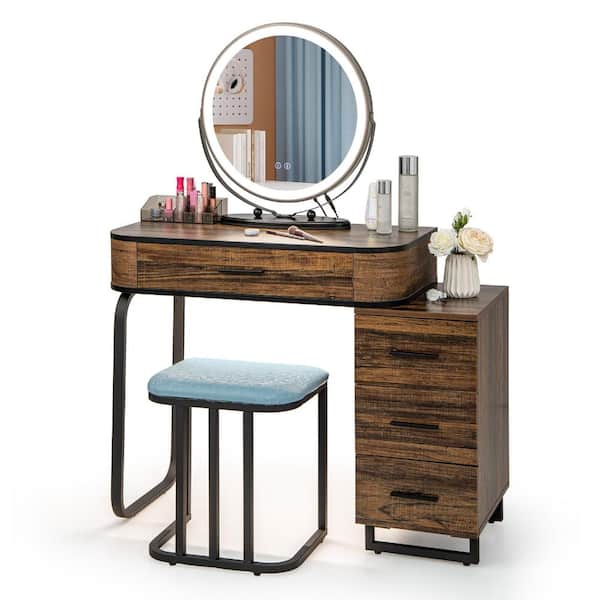 Vanity Table Set with 3-Color Lighted Mirror Wireless Charging Sensor Light 4 Drawers Cushioned Stool