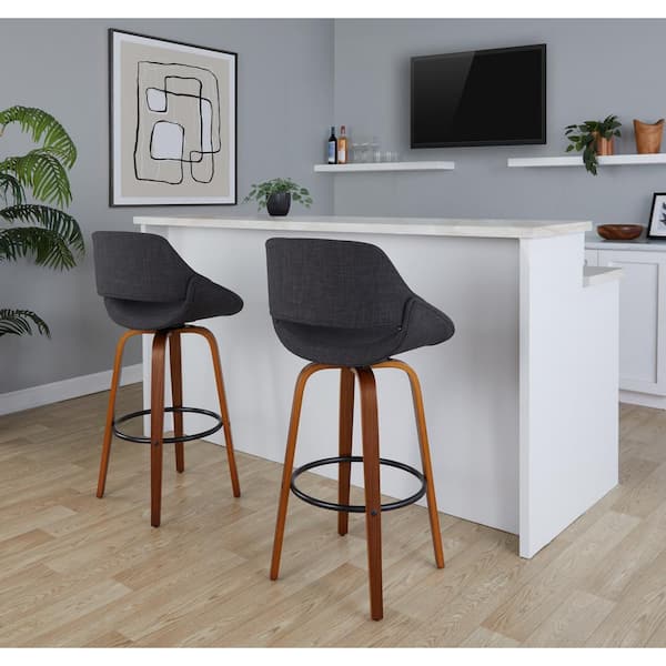 Lumisource Fabrico 29.5 in. Charcoal Fabric, Walnut Wood, and Black Metal Fixed-Height Bar Stool (Set of 2)