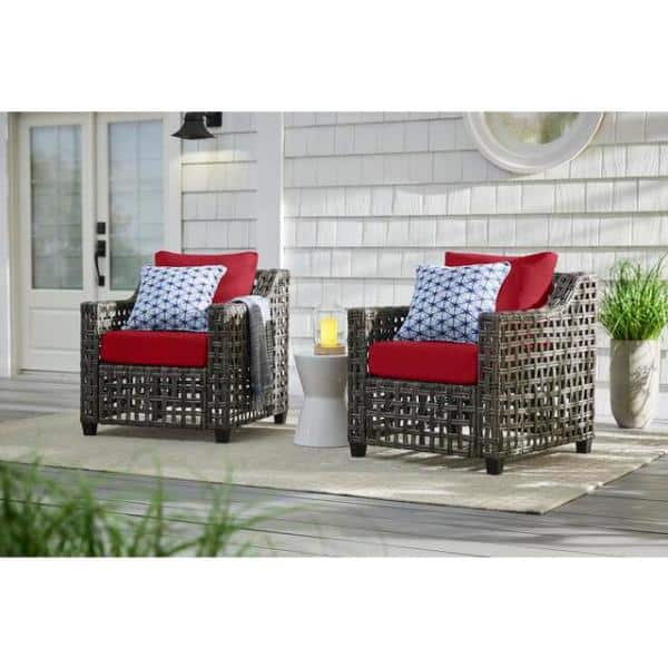 Briar Ridge Brown Wicker Outdoor Patio Deep Seating Lounge Chair with CushionGuard Chili Red Cushions (2-Pack) -  Hampton Bay, H034-01193800