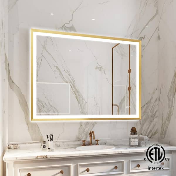 WELLFOR LUKY 48 in. W x 36 in. H Rectangular Single Aluminum Framed Antifog Dimmable Wall Bathroom Vanity Mirror in Brushed Gold