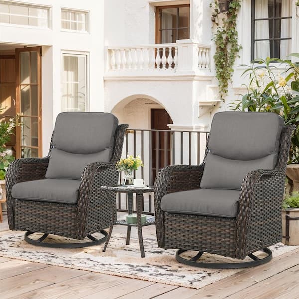 Opohoro Crescent 3-Piece Brown Wicker Swivel Outdoor Rocking Chairs Patio Conversation Set with CushionGuard Gray Cushions