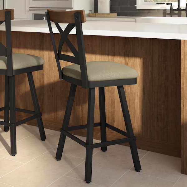 Amisco Snyder 27 in. Beige Fabric/Black Metal Swivel Counter Stool