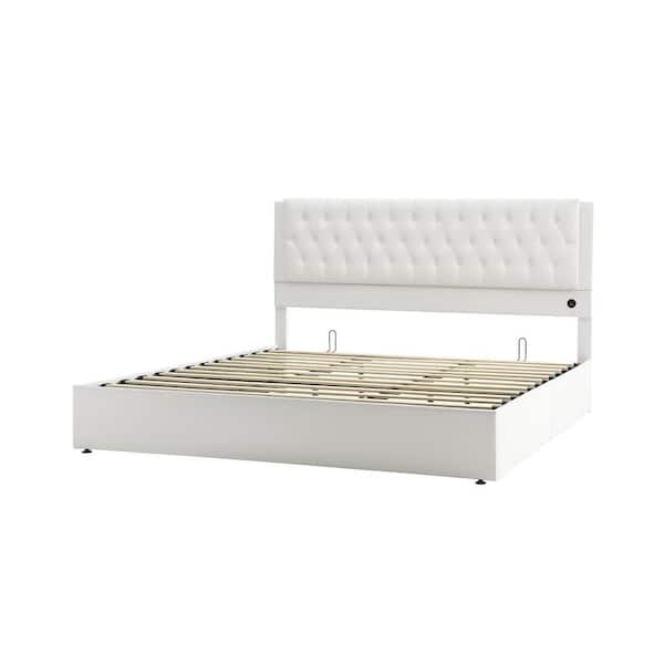 JAYDEN CREATION Lazaro White Wooden Queen Platform Bed with USB Charging Ports and Storage