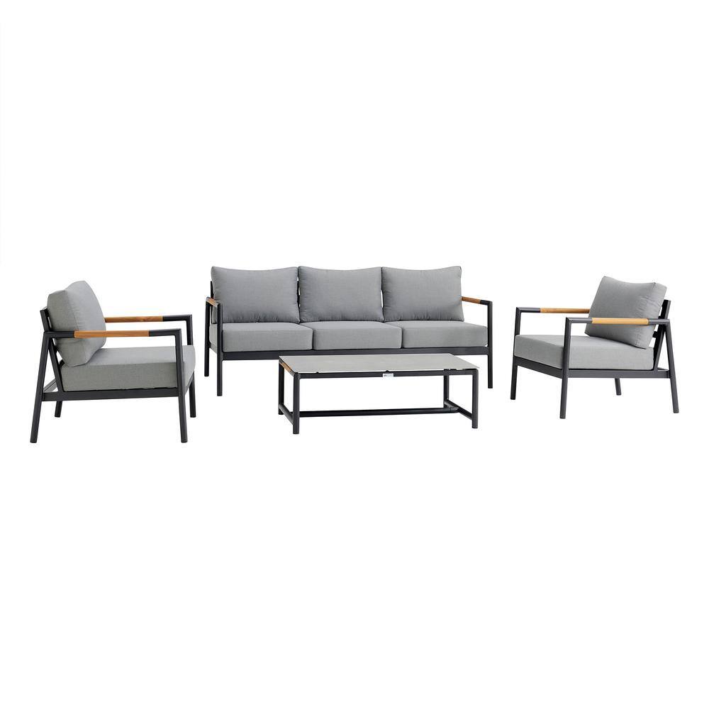 Crown Black Aluminum and Teak Wood Outdoor Coffee Table