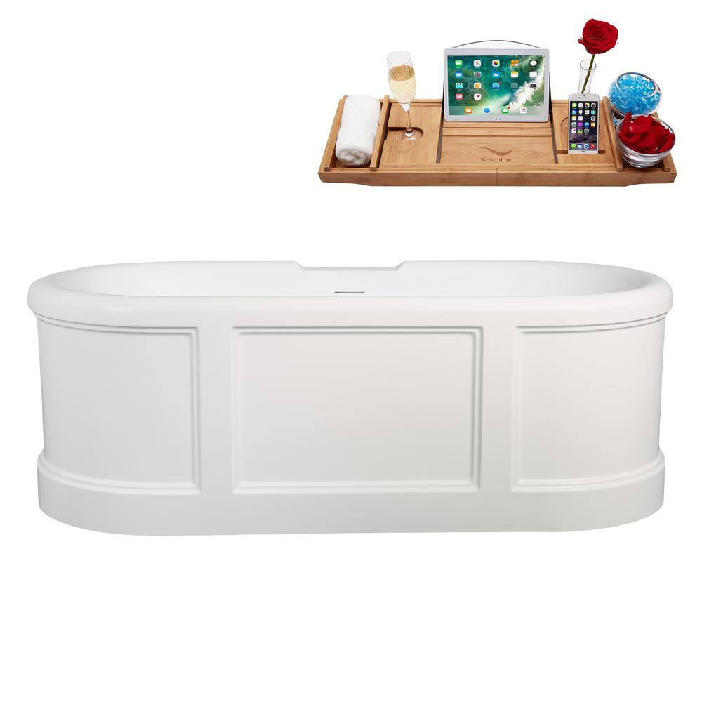 67" Matte White Acrylic Freestanding Soaking Tub with Polished Brass Trim
