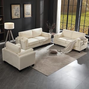 Morden Minimalist Sofa 3-Piece Beige Linen Living Room Set Couch with Thick Cushion for Home and Office