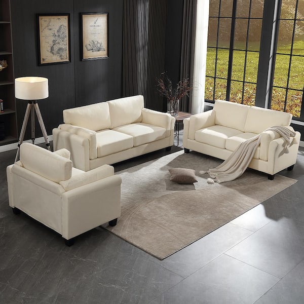 Morden Fort Morden Minimalist Sofa 3-Piece Beige Linen Living Room Set Couch with Thick Cushion for Home and Office