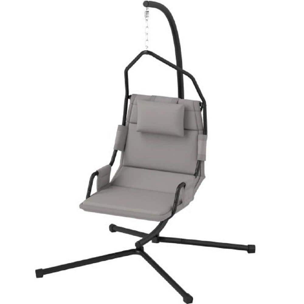 Metal Porch Swing, Hanging Swing Chair, Hammock Chair with Gray Cushion and Stand