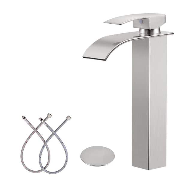 Single Handle Vessel Sink Faucet Tall Bathroom Faucet with Pop-Up Drain in Brushed Nickel
