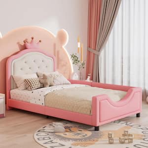 Pink Twin Size PU Leather Princess Upholstered Daybed with Button Tufted Crown Headboard