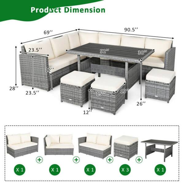 7-Piece Wicker Patio Conversation Set Outdoor Sectional Sofa Set with Beige Cushions and Dining Table