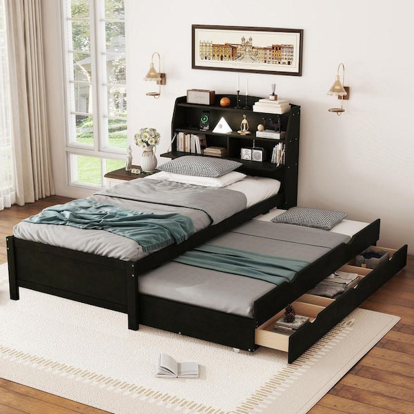 Espresso Black Wood Frame Twin Size Platform Bed with LED, Drawers, Trundle and Storage Headboard