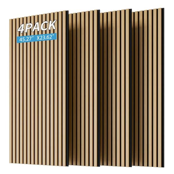 4-Pieces White Oak Wood Panel Slat Acoustic Panels for Wall and Ceiling with 3-Sides Fully Wrapped on Wood Finish