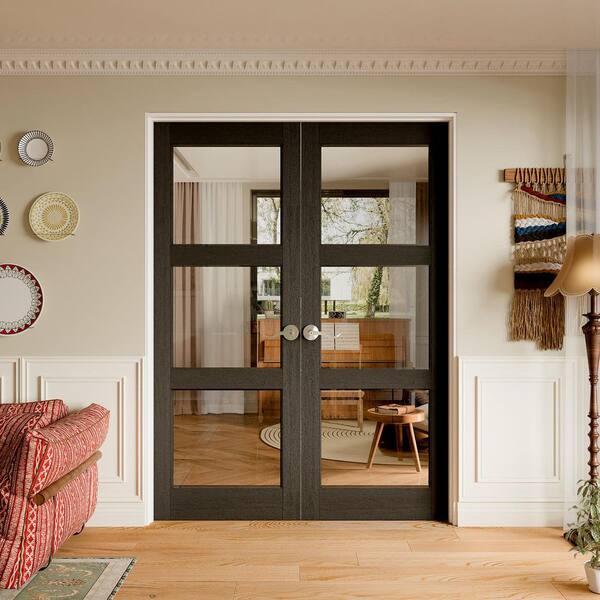 TENONER 48 in. x 80 in. 3 Lite Clear Glass Universal Black PVC