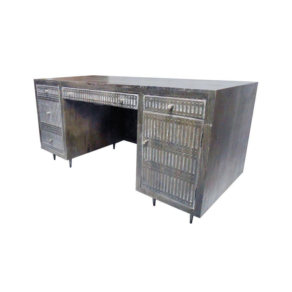 3/4 view of brown iron computer desk.