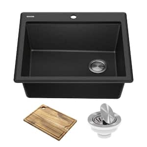 Bellucci 25 Granite Composite Workstation Drop-In Top MountSingle Bowl Kitchen Sink in Metallic Black with Accessories