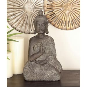Brown Polystone Meditating Buddha Sculpture with Engraved Carvings and Relief Detailing